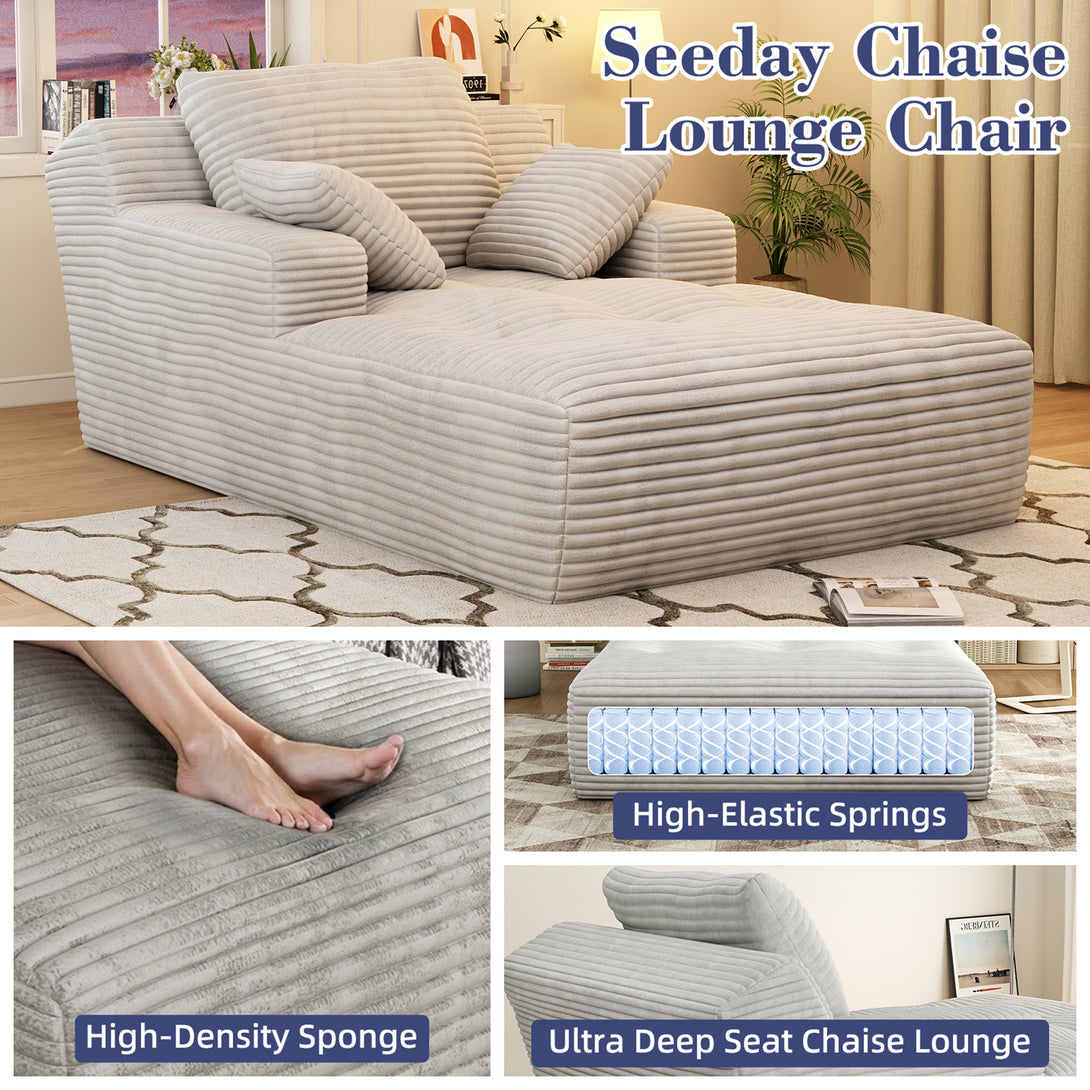 67'' Oversized Chaise Lounge Chair Indoor, Cloud Plush Corduroy Upholstered Sofa Bed, Modern Deep Seat Sofa with Back Cushion, Pillows, Cozy Sleeper Couch for Living Room, No Assembly Required