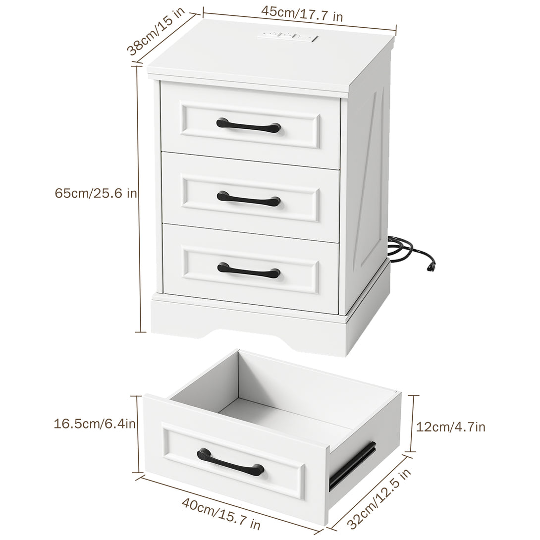 Nightstand , Farmhouse End Table with Charging Station,3 Drawers Storage