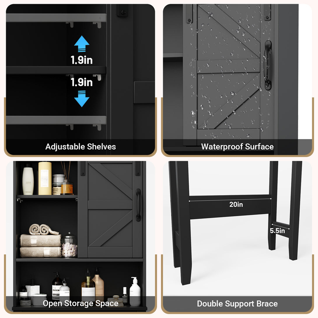 Over The Toilet Storage Shelves, Farmhouse Storage Shelves Over Toilet with Sliding Barn Door & Adjustable Shelves