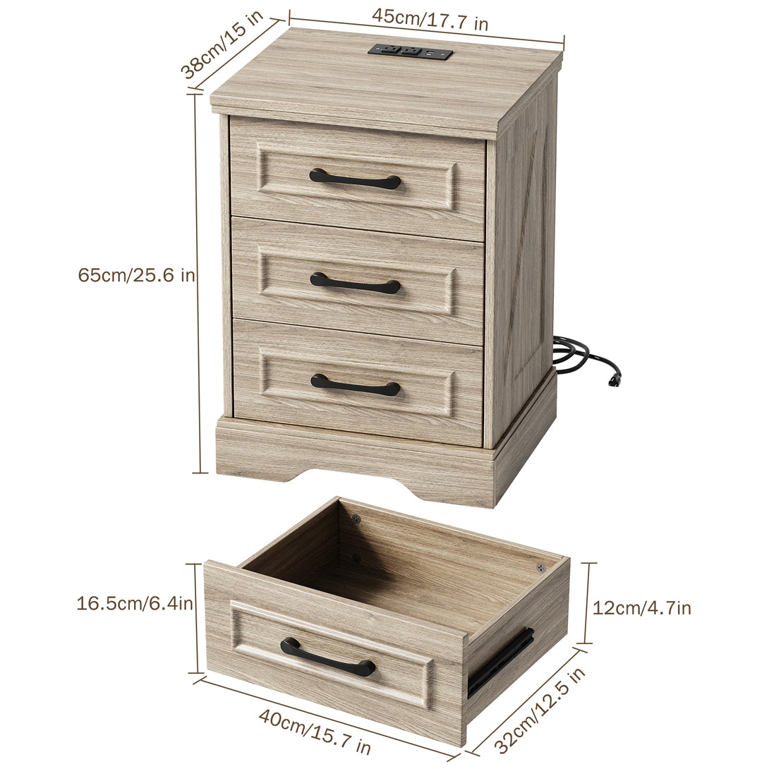 Nightstand , Farmhouse End Table with Charging Station,3 Drawers Storage