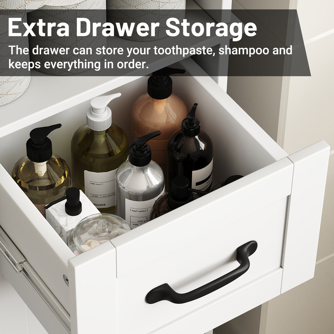 IDEALSOUL Tall Bathroom Storage Cabinet, Narrow Storage Cabinet, Freestanding Linen Cabinet with Barn Door and Drawer