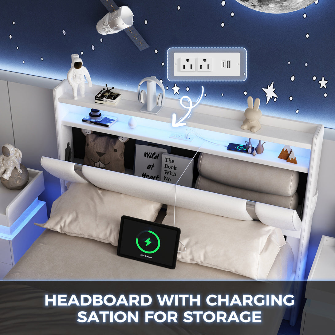 IDEALSOUL Full Size Bed Frame with LED Lights,Floating Metal Platform Bed with Storage Headboard,No Box Spring Needed,Easy to Assemble