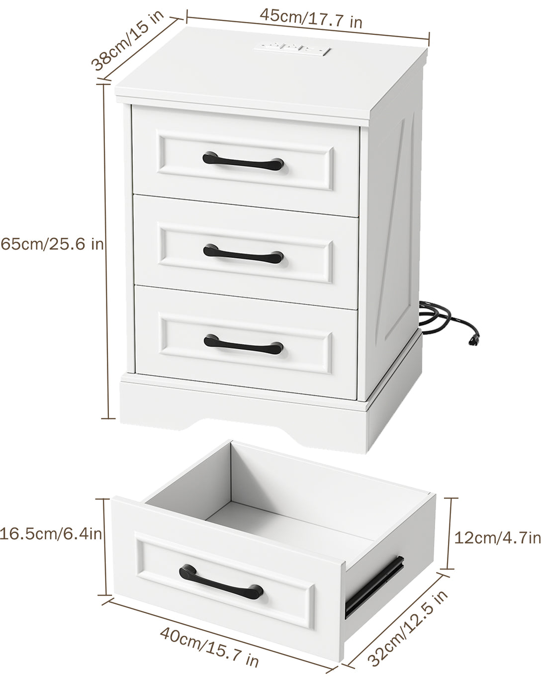 Nightstand for bedroom,White Farmhouse End Table with Charging Station,3 Drawers Storage