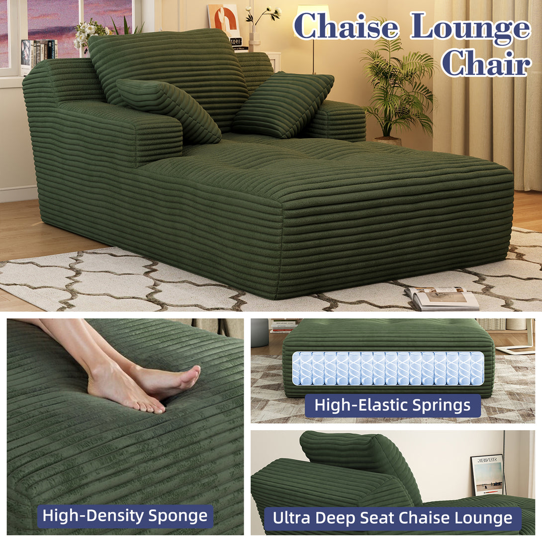67'' Oversized Chaise Lounge Chair Indoor, Cloud Plush Corduroy Upholstered Sofa Bed, Modern Deep Seat Sofa with Back Cushion, Pillows, Cozy Sleeper Couch for Living Room, No Assembly Required
