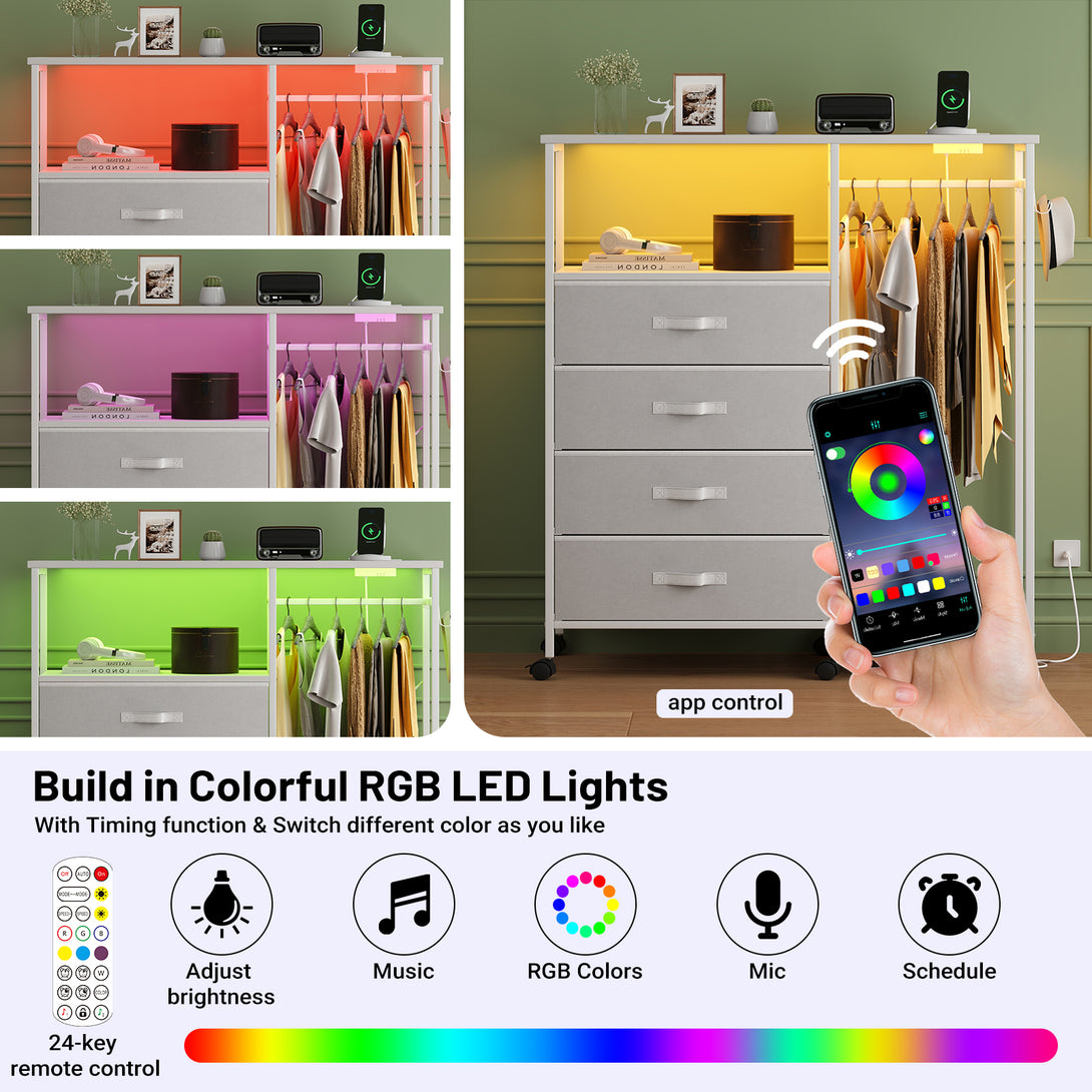 Dresser with Hanging Rack, Bedroom Dresser with Hanging Rack Chest of Drawers with Fabric Drawers & LED Lights & Charging Station, Rust Brown