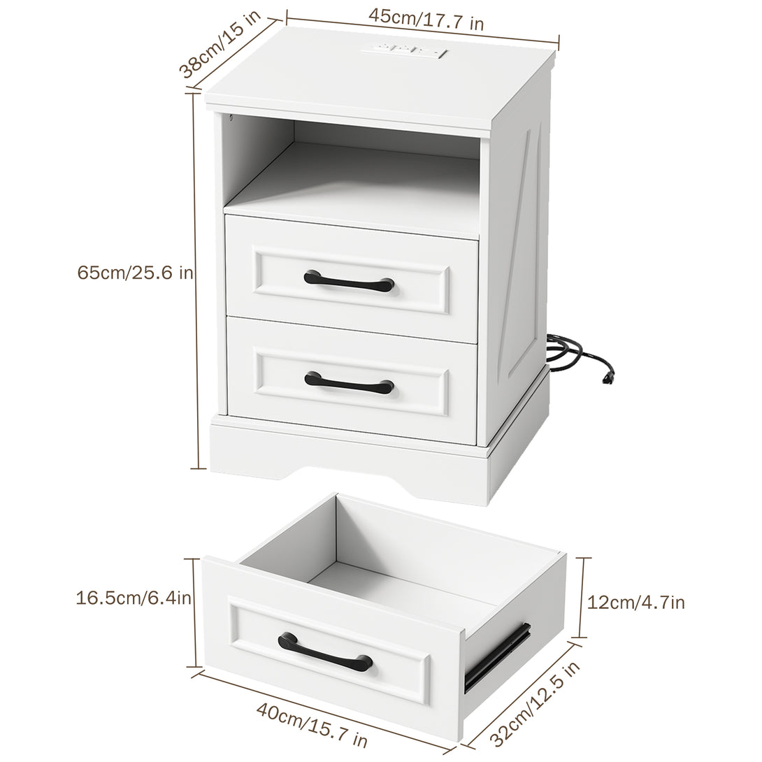 Nightstand with Charging Station, Farmhouse Nightstands with 2 Drawers Storage Side Table Bedside Cabinet for Bedroom Living Room