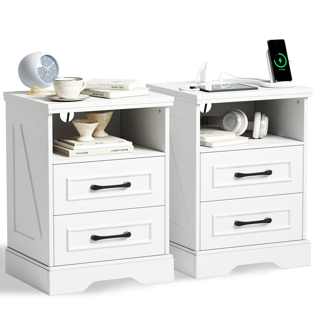 Nightstand with Charging Station, Farmhouse Nightstands with 2 Drawers Storage Side Table Bedside Cabinet for Bedroom Living Room