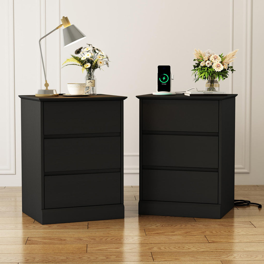 3 Drawers Nightstand with Charging Station, Bedside Table with Storage for Living Room Bedroom