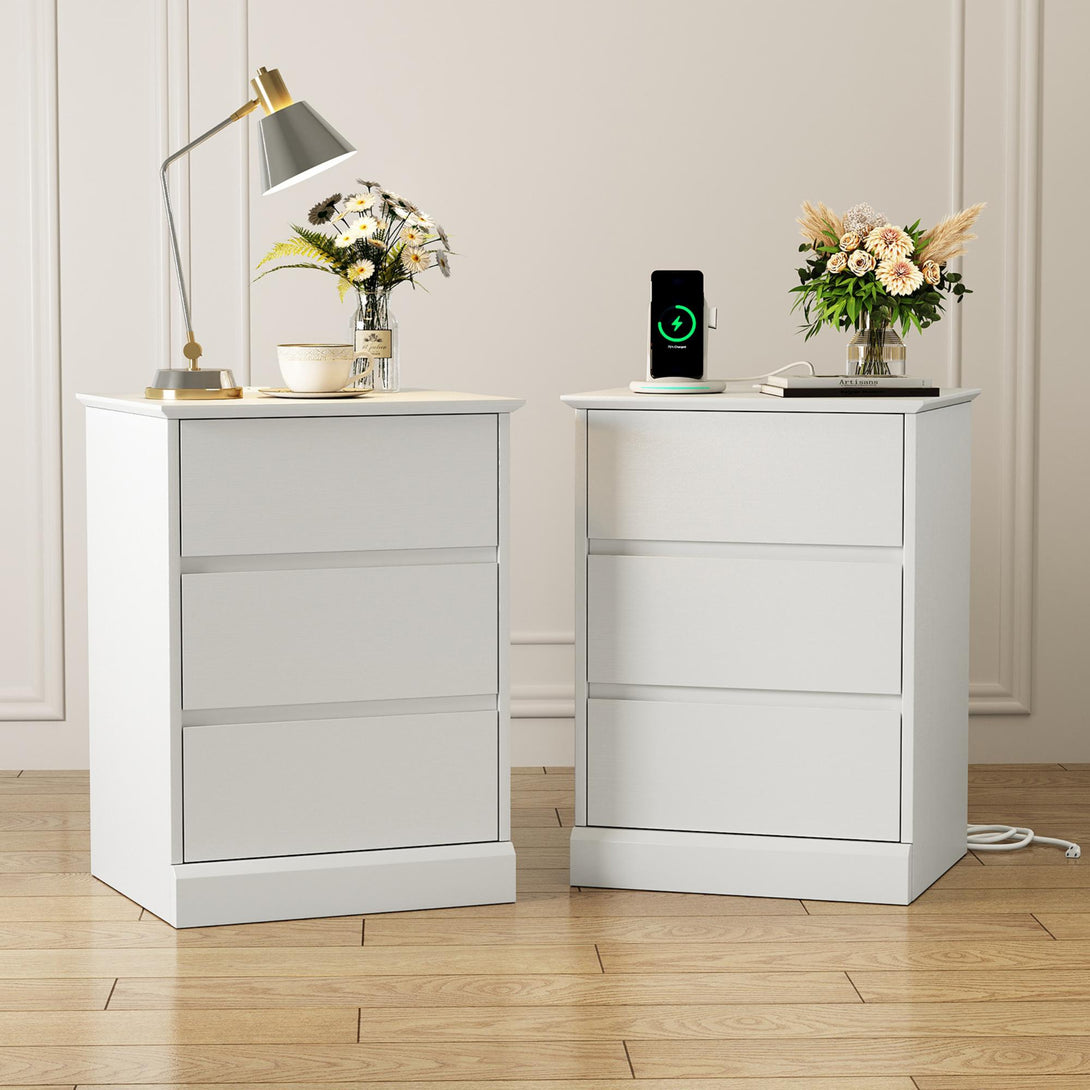 3 Drawers Nightstand with Charging Station, Bedside Table with Storage for Living Room Bedroom