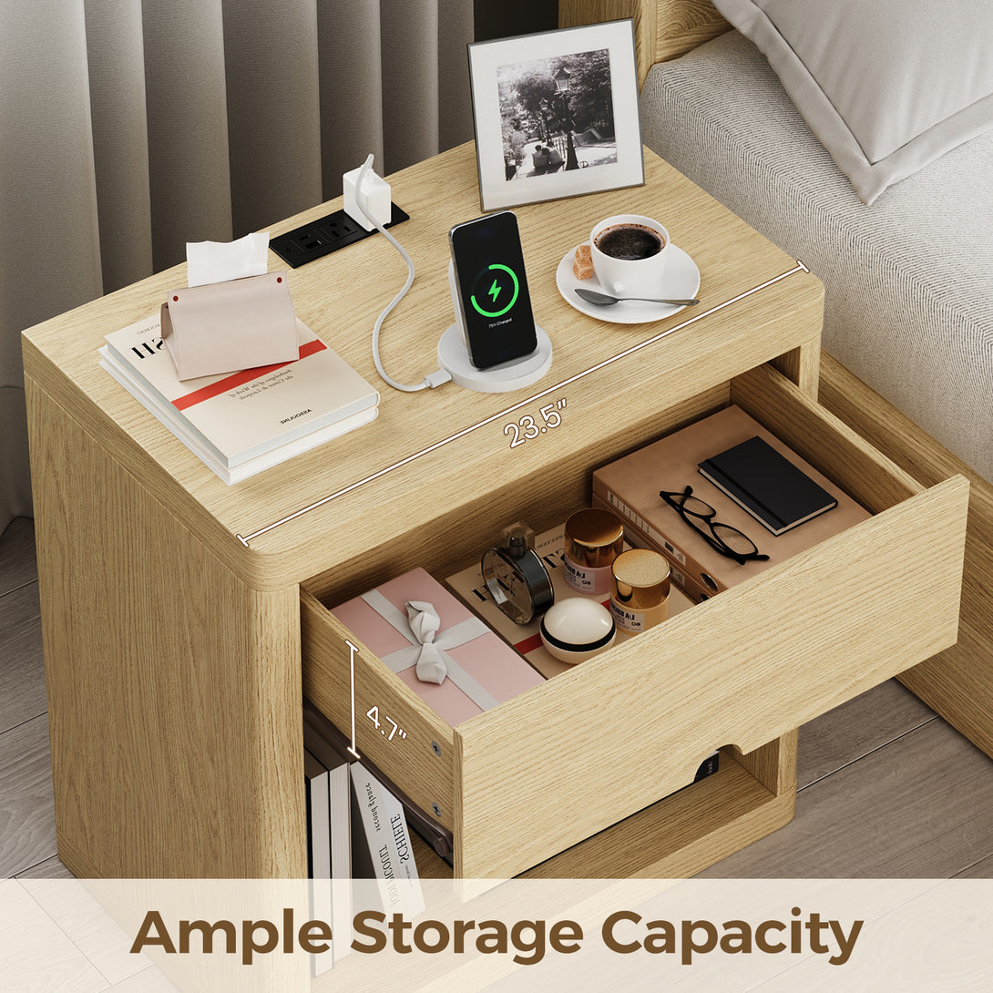 IDEALSOUL Nightstand , Nightstand with Charging Station, 24inch Bedside Table with Curved Top Corners, Crescent Shaped Buckle, Wooden End Table for Bedroom Living Room