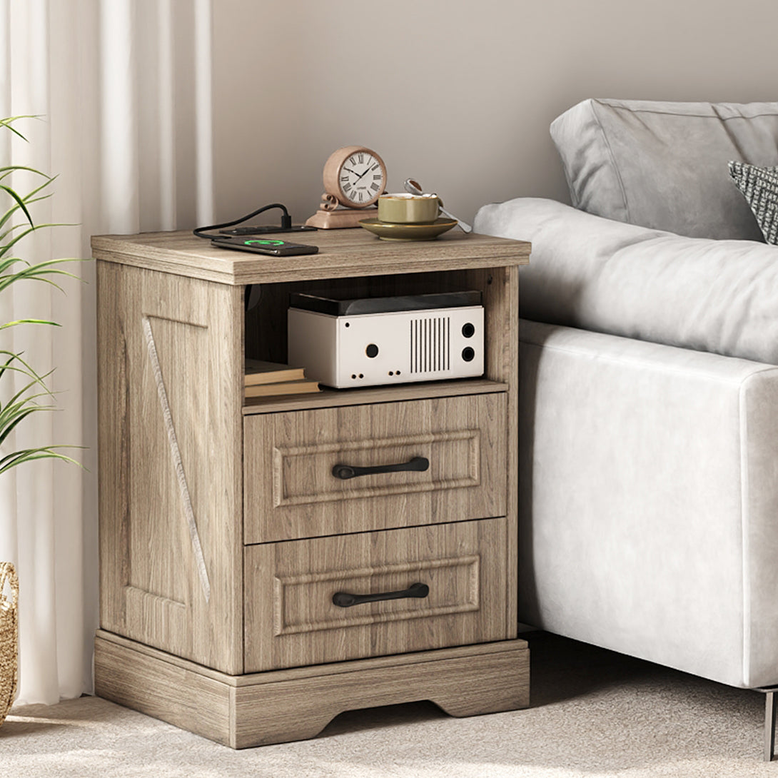 Nightstand with Charging Station, Farmhouse Nightstands with 2 Drawers Storage Side Table Bedside Cabinet for Bedroom Living Room