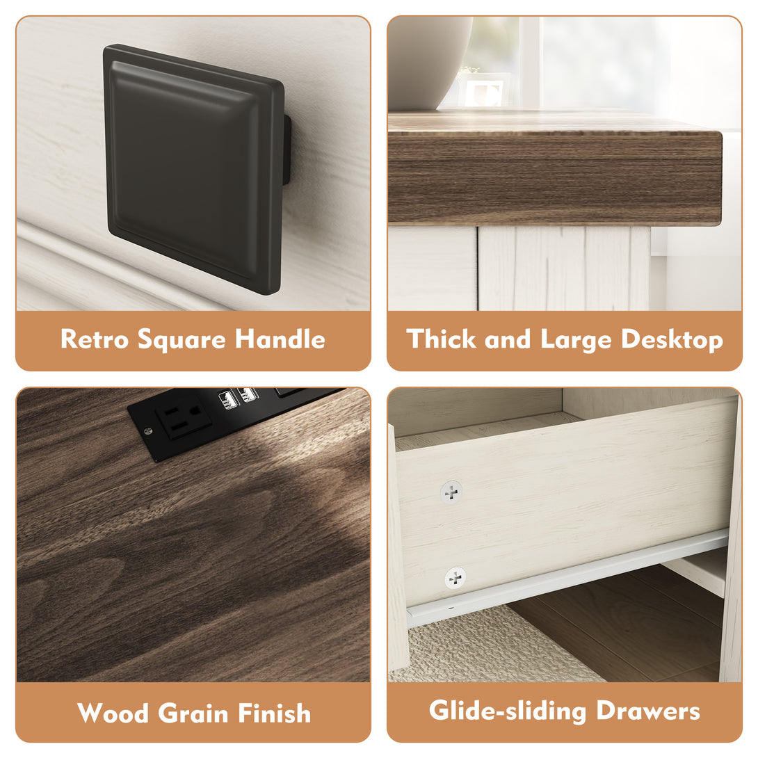 Nightstand Set of 2, bedside table with charging station, White farmhouse 3 drawer nightstand Rustic night stand end tables for bedroom Living Room