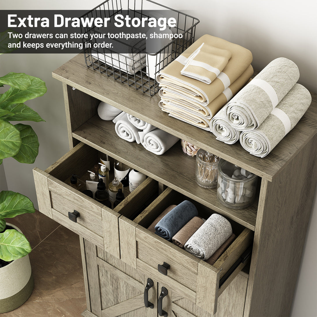 Bathroom Storage Cabinet with Doors and Drawers, Farmhouse Bathroom Floor Cabinet freestanding with Adjustable Shelf, 41.3"H Bathroom Organizer