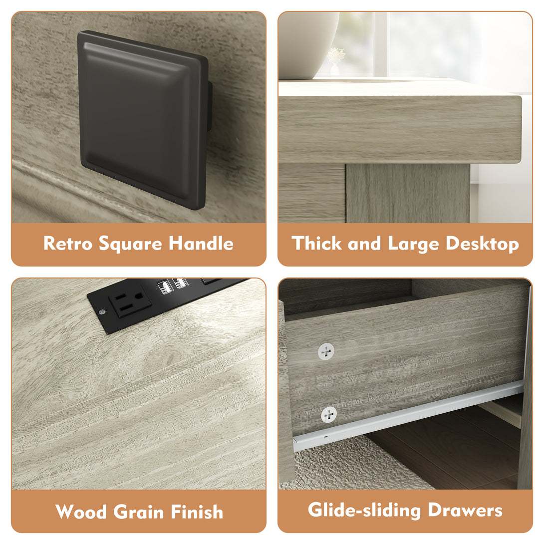 Nightstand Set of 2, bedside table with charging station, White farmhouse 3 drawer nightstand Rustic night stand end tables for bedroom Living Room