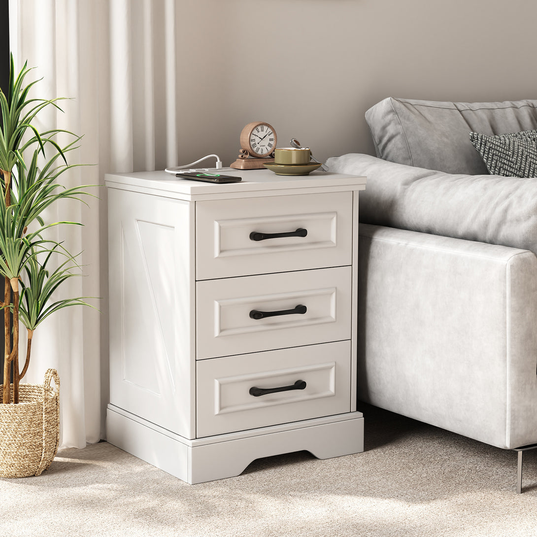 Nightstand , Farmhouse End Table with Charging Station,3 Drawers Storage