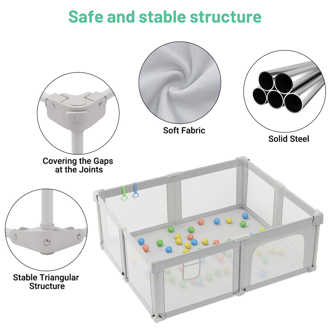 Baby Playpen, 70×61 In Play Yard, Foldable Large Playpens for Babies and Toddlers, with Mat and Carry Bag, Indoor & Outdoor Pack and Play, Oxford Fabric, Light Gray