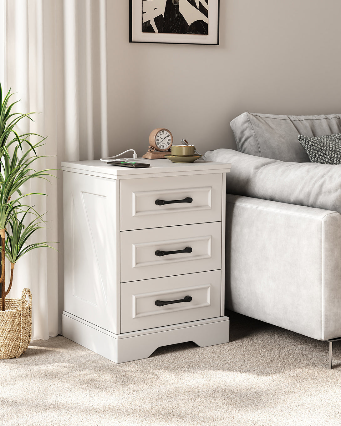 Nightstand for bedroom,White Farmhouse End Table with Charging Station,3 Drawers Storage