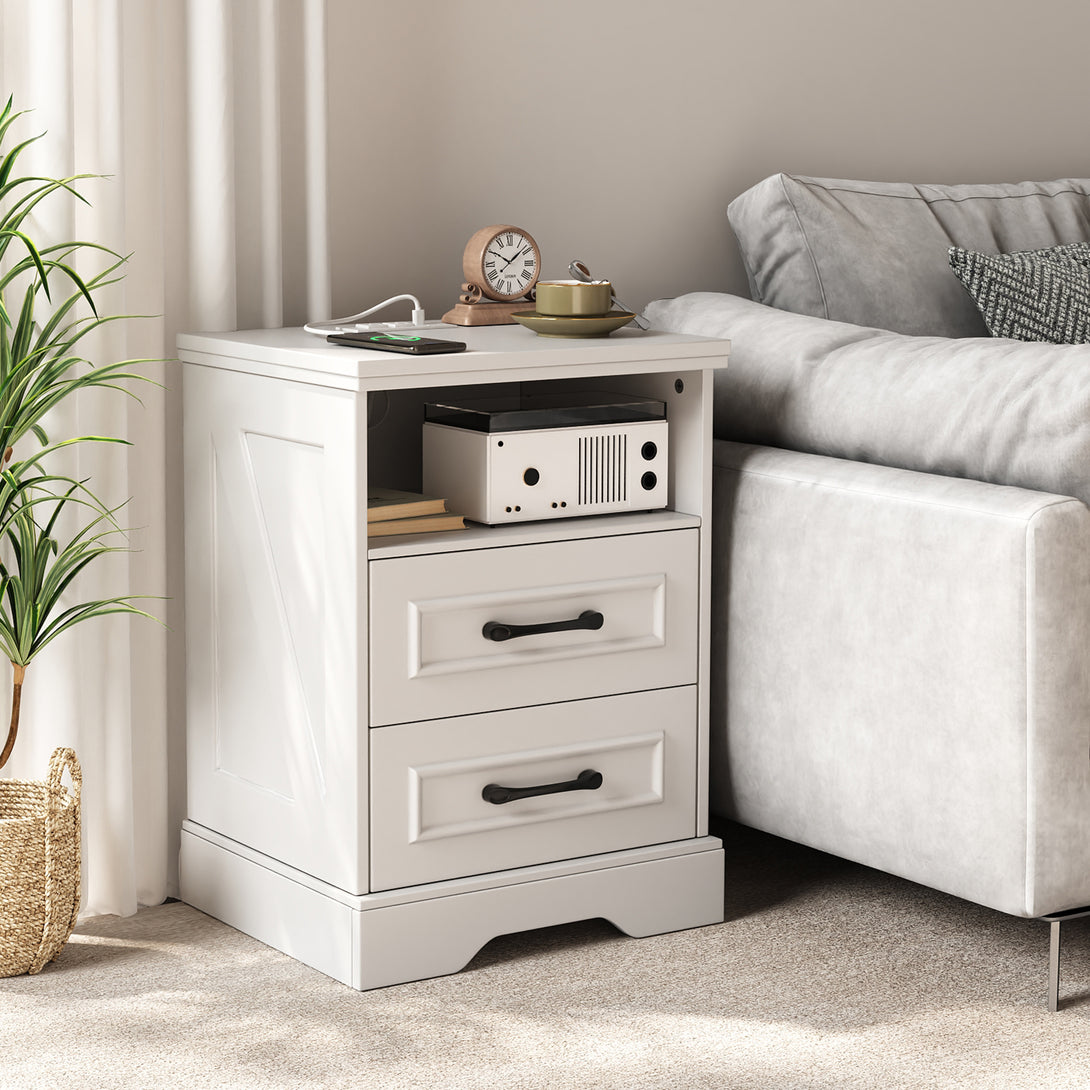 Nightstand with Charging Station, Farmhouse Nightstands with 2 Drawers Storage Side Table Bedside Cabinet for Bedroom Living Room