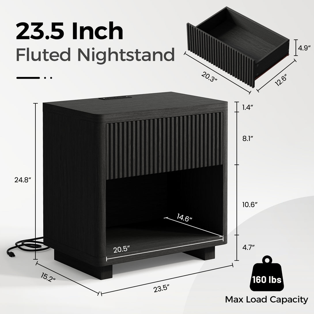 IDEALSOUL Nightstand, Fluted Bedside Table with Charging Station, End Table with open Storage, Large Wooden Night Stands Bedside for Bedroom Living Room
