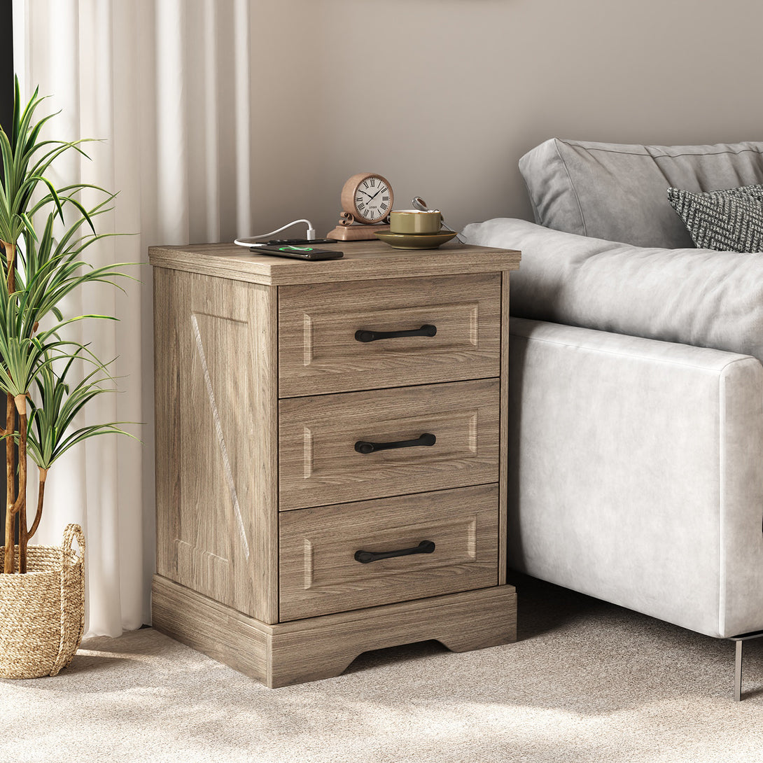 Nightstand , Farmhouse End Table with Charging Station,3 Drawers Storage