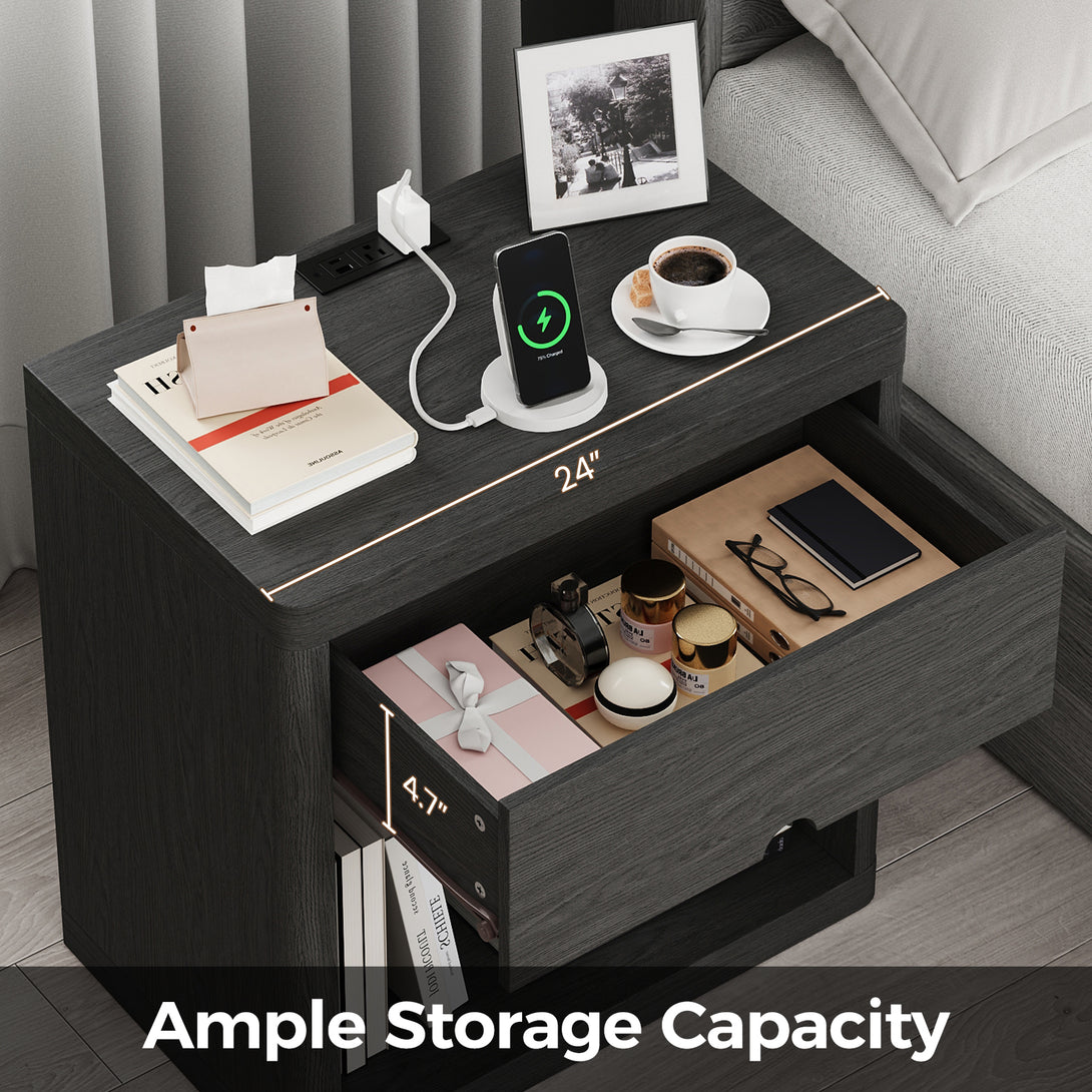 IDEALSOUL Nightstand , Nightstand with Charging Station, 24inch Bedside Table with Curved Top Corners, Crescent Shaped Buckle, Wooden End Table for Bedroom Living Room