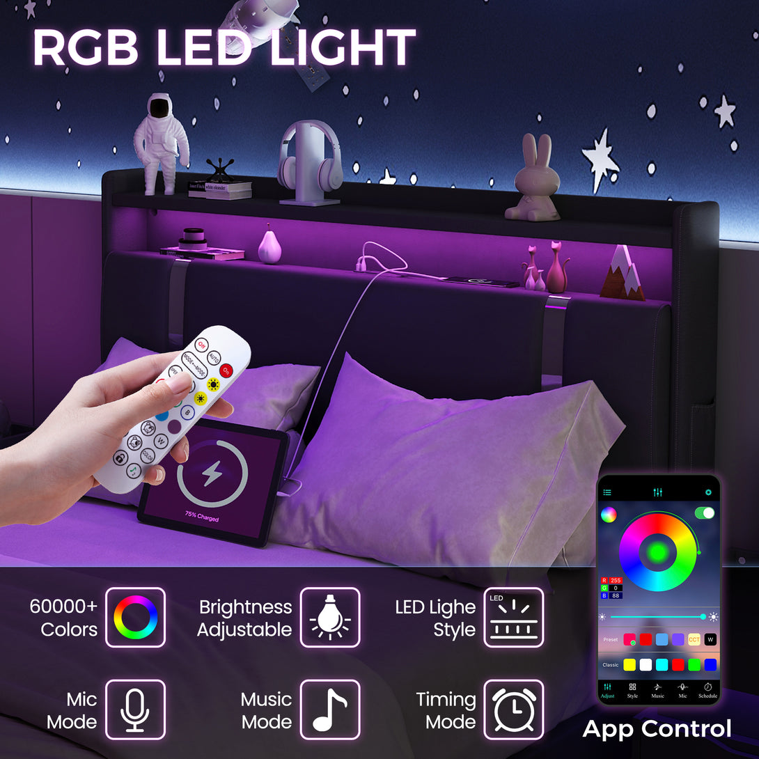 IDEALSOUL Full Size Bed Frame with LED Lights,Floating Metal Platform Bed with Storage Headboard,No Box Spring Needed,Easy to Assemble