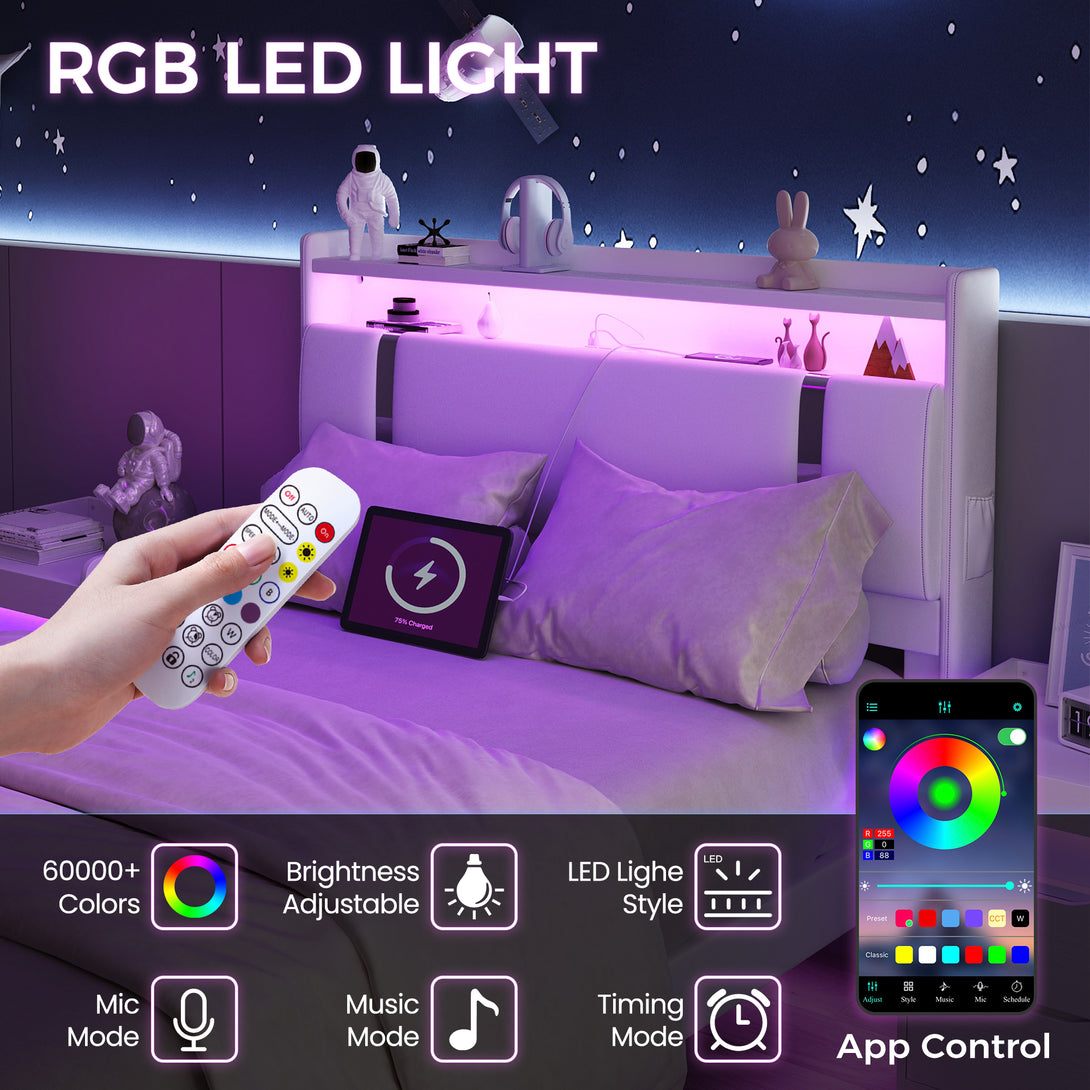 IDEALSOUL Full Size Bed Frame with LED Lights,Floating Metal Platform Bed with Storage Headboard,No Box Spring Needed,Easy to Assemble