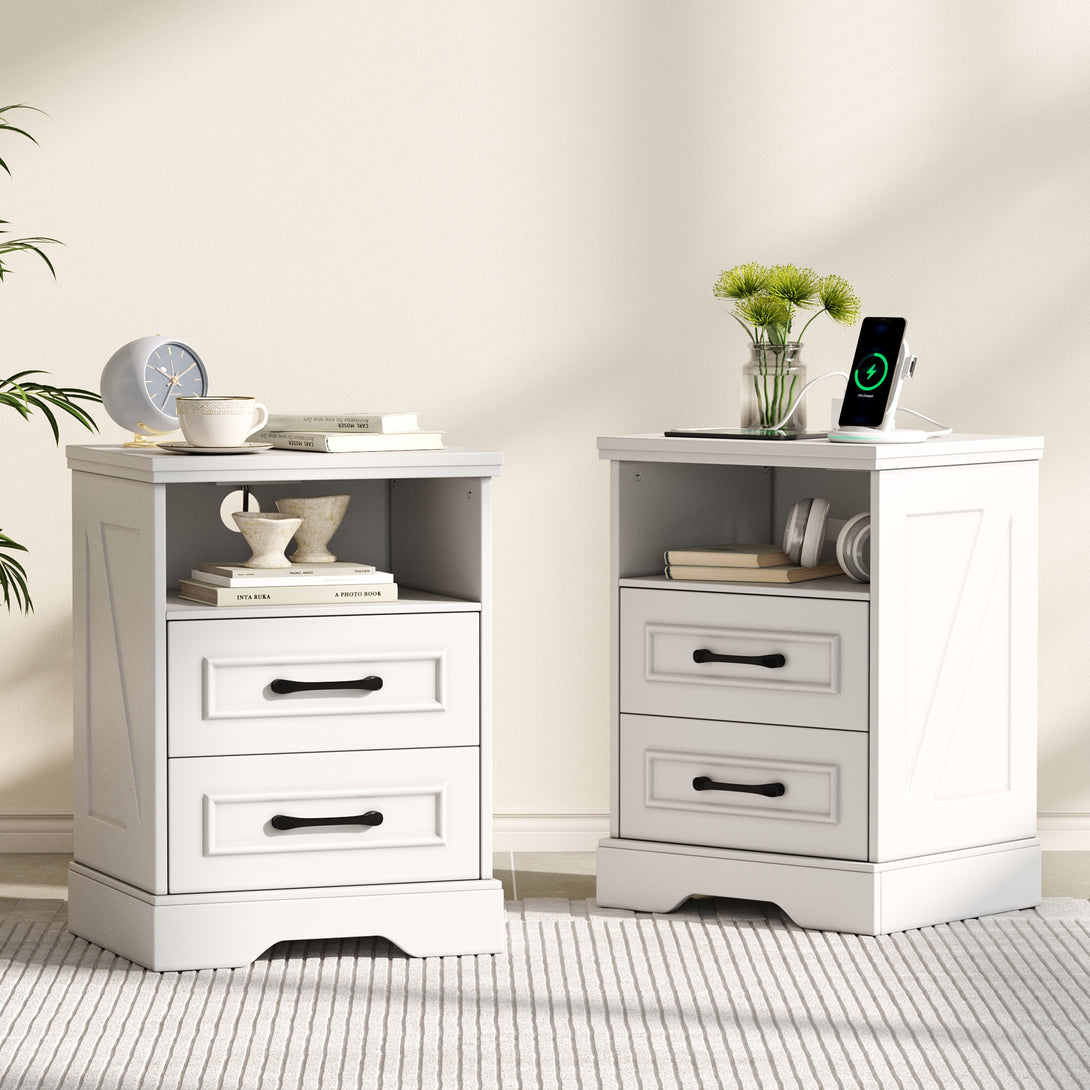 Nightstand with Charging Station, Farmhouse Nightstands with 2 Drawers Storage Side Table Bedside Cabinet for Bedroom Living Room