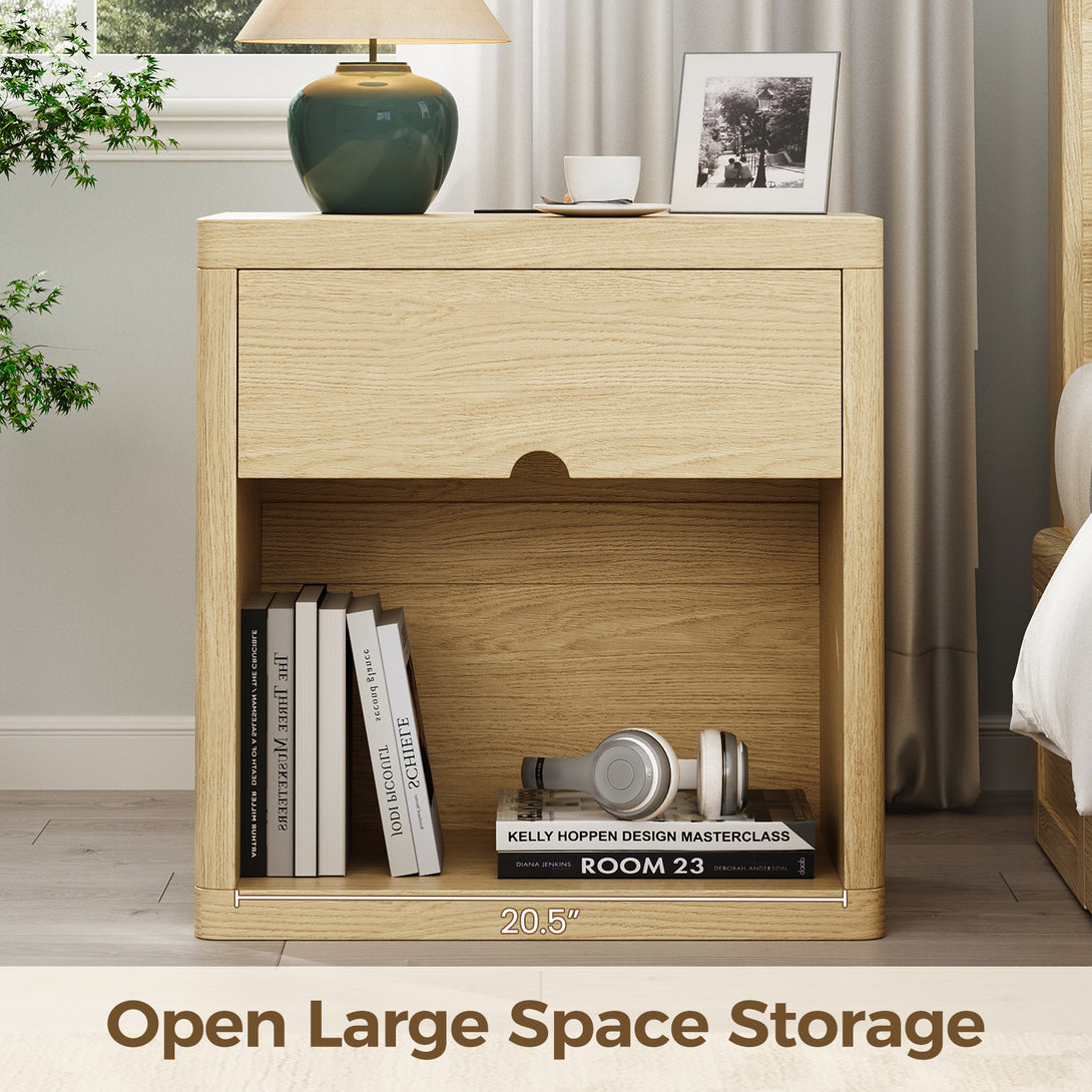 IDEALSOUL Nightstand , Nightstand with Charging Station, 24inch Bedside Table with Curved Top Corners, Crescent Shaped Buckle, Wooden End Table for Bedroom Living Room