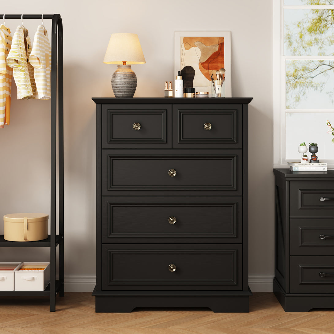 IDEALSOUL 5 Drawer Dresser for Bedroom, White Rustic Style Chest of Drawers, Retro Style 5 Drawer Dresser for Bedroom, Living Room, Bathroom