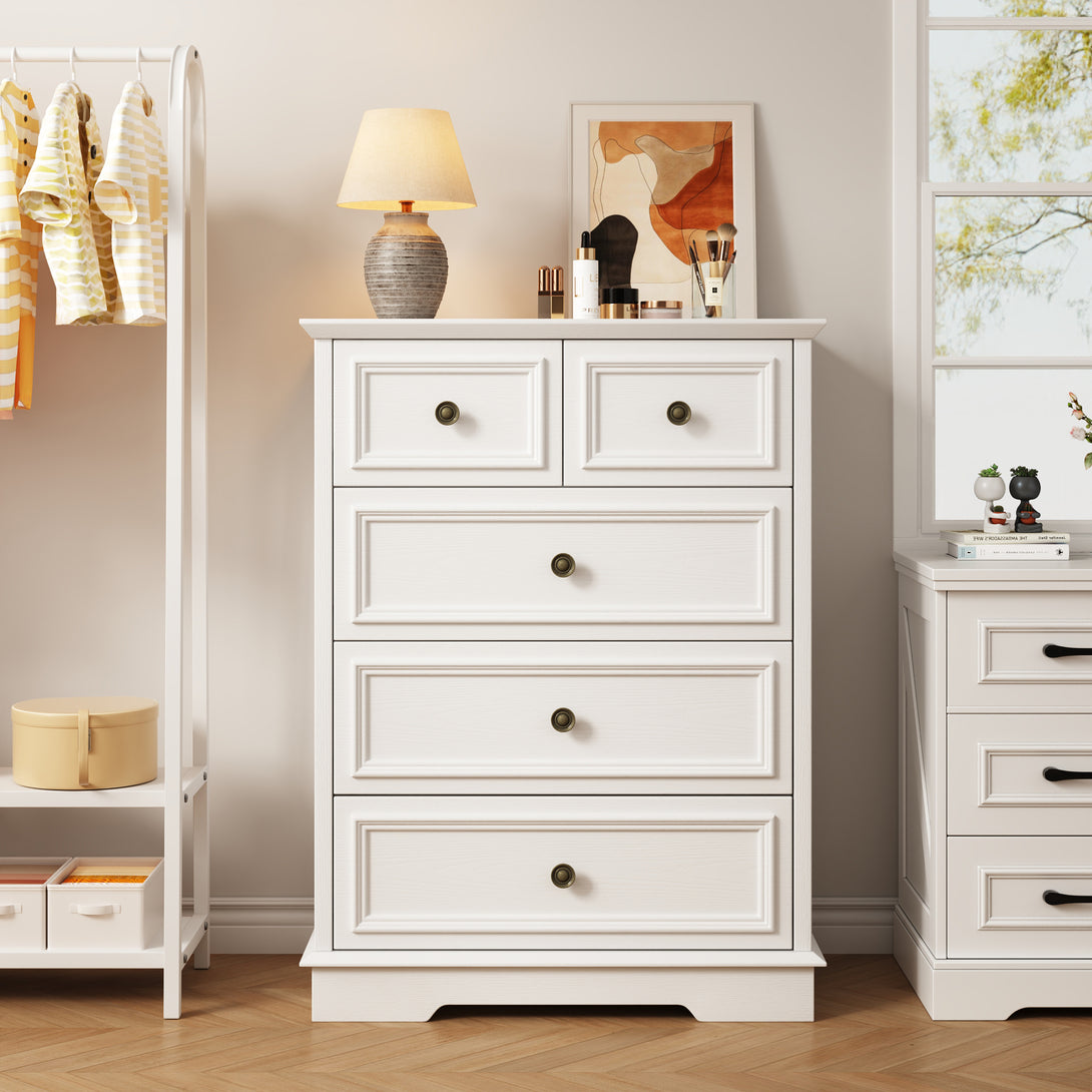 IDEALSOUL 5 Drawer Dresser for Bedroom, White Rustic Style Chest of Drawers, Retro Style 5 Drawer Dresser for Bedroom, Living Room, Bathroom