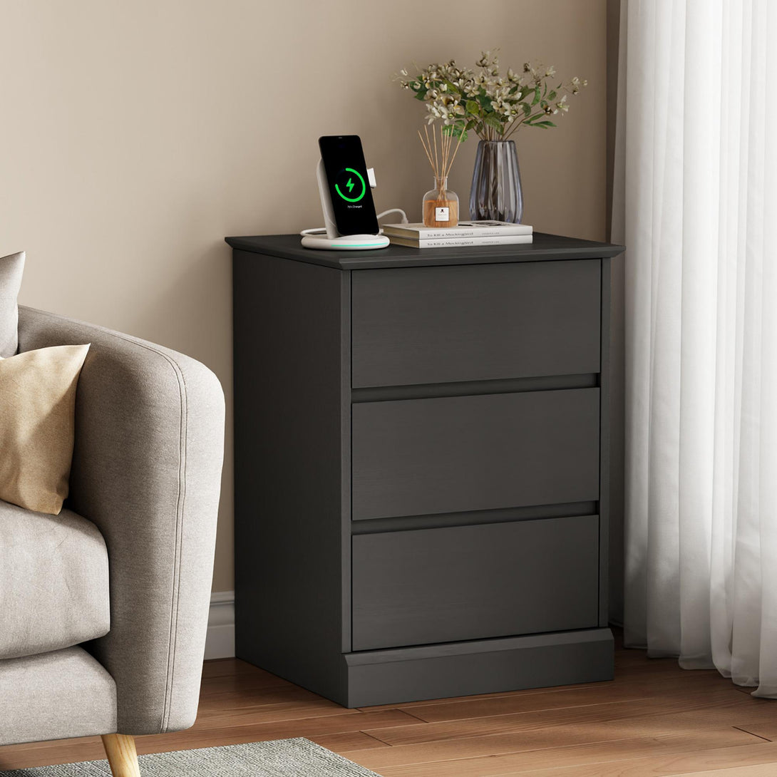 3 Drawers Nightstand with Charging Station, Bedside Table with Storage for Living Room Bedroom