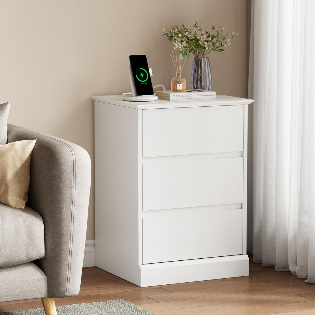 3 Drawers Nightstand with Charging Station, Bedside Table with Storage for Living Room Bedroom