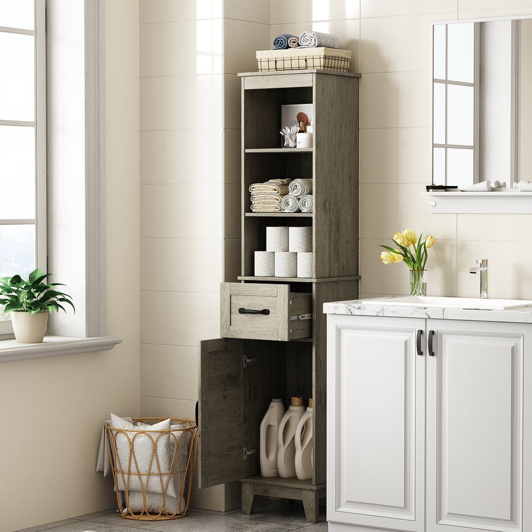 IDEALSOUL Tall Bathroom Storage Cabinet, Narrow Storage Cabinet, Freestanding Linen Cabinet with Barn Door and Drawer