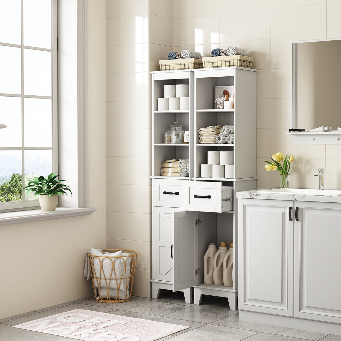 IDEALSOUL Tall Bathroom Storage Cabinet, Narrow Storage Cabinet, Freestanding Linen Cabinet with Barn Door and Drawer