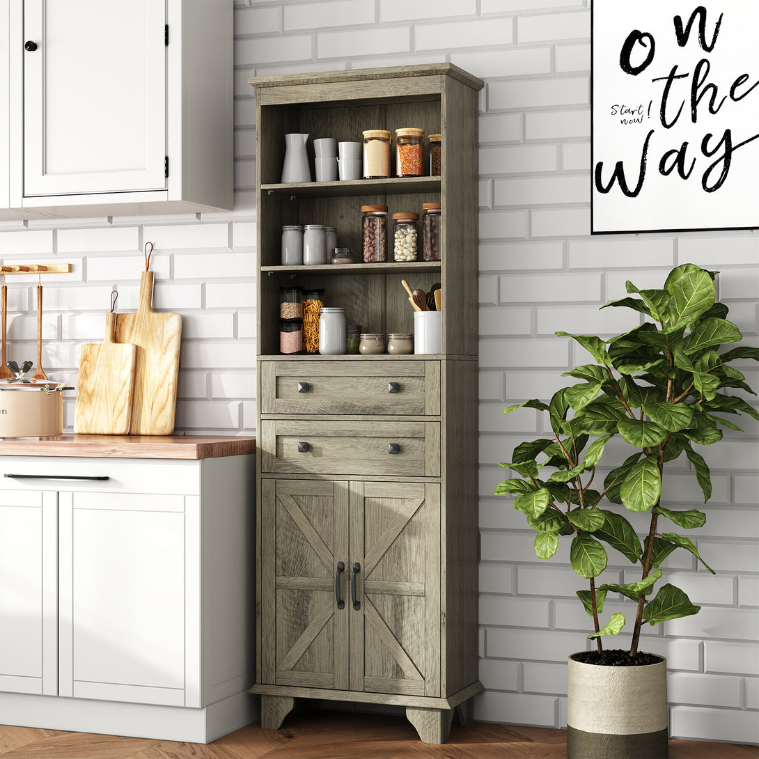 IDEALSOUL Tall Bathroom Storage Cabinet, 72" Farmhouse Storage Cabinet with 2 Drawers, Adjustable Shelves & Barn Door, Cabinet for Bathroom, Living Room, Kitchen