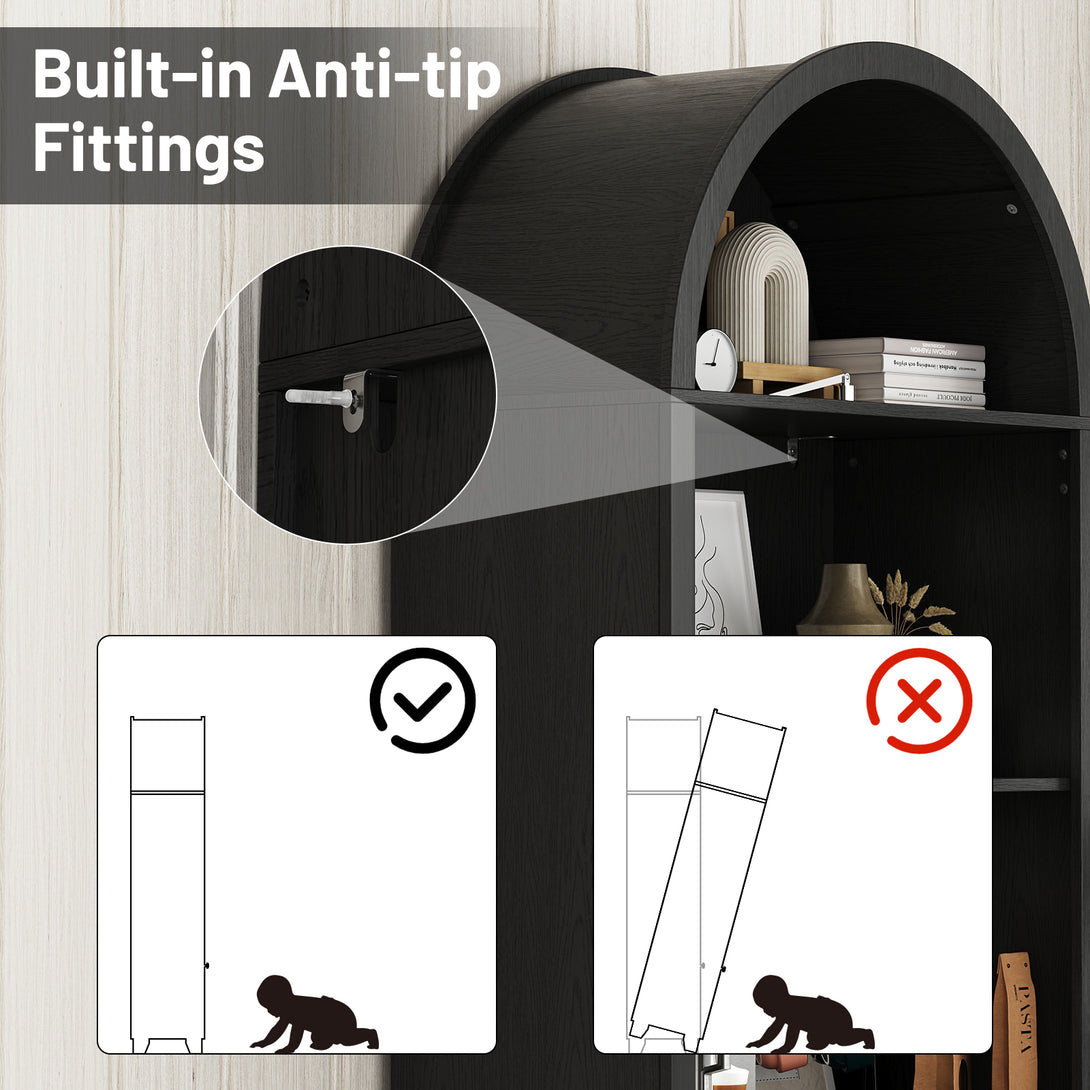 IDEALSOUL Arched Cabinet, 70-Inch Kitchen Pantry Storage Cabinet, Open Shelf Storage Cabinet with 2 Doors and 5 Shelves
