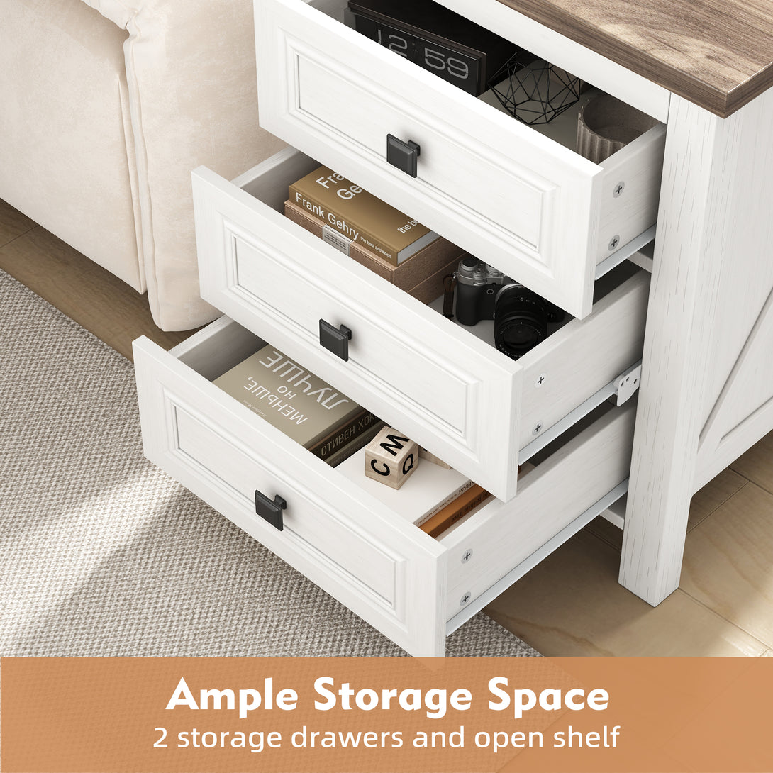 Nightstand Set of 2, bedside table with charging station, White farmhouse 3 drawer nightstand Rustic night stand end tables for bedroom Living Room