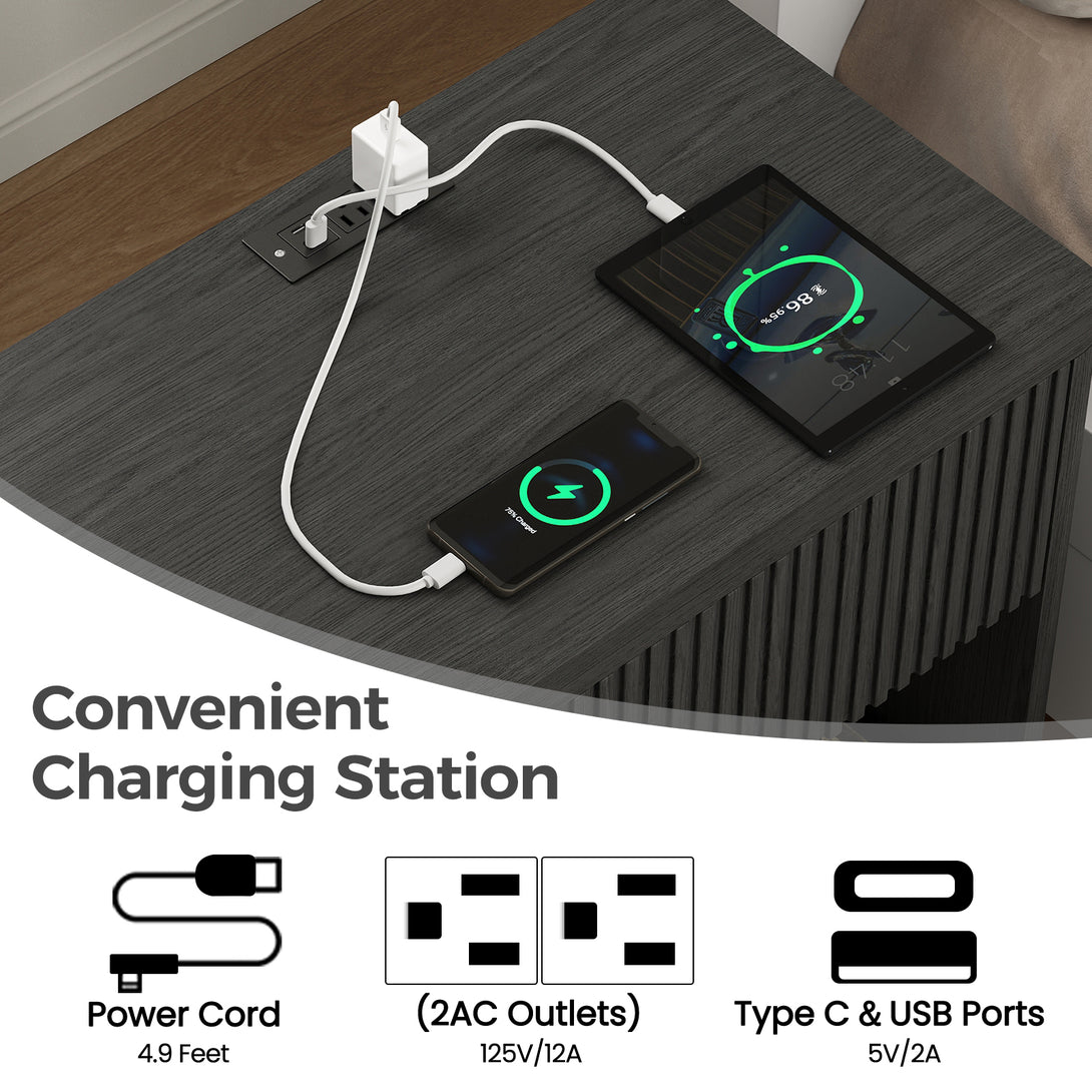 IDEALSOUL Nightstand, Fluted Bedside Table with Charging Station, End Table with open Storage, Large Wooden Night Stands Bedside for Bedroom Living Room