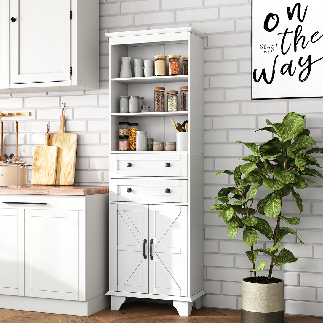 IDEALSOUL Tall Bathroom Storage Cabinet, 72" Farmhouse Storage Cabinet with 2 Drawers, Adjustable Shelves & Barn Door, Cabinet for Bathroom, Living Room, Kitchen