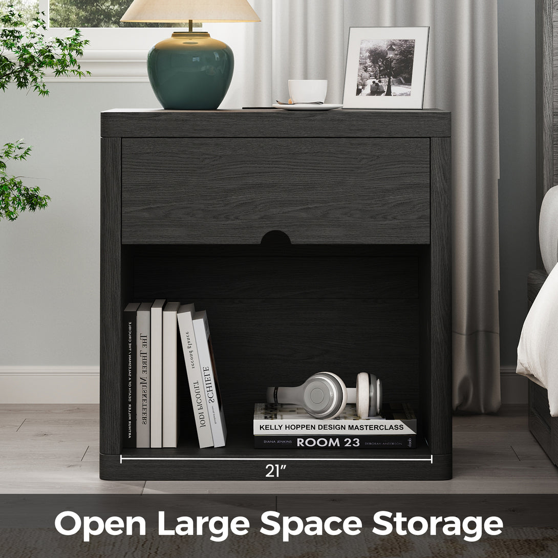 IDEALSOUL Nightstand , Nightstand with Charging Station, 24inch Bedside Table with Curved Top Corners, Crescent Shaped Buckle, Wooden End Table for Bedroom Living Room