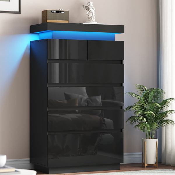 6 Drawers Dresser, Modern Tall Dresser for Closet with Adjustable LED Lights, High Gloss Chests of Drawers, Wood Storage Cabinet for Bedroom, Entryway, Living Room, Dressing Room, Black