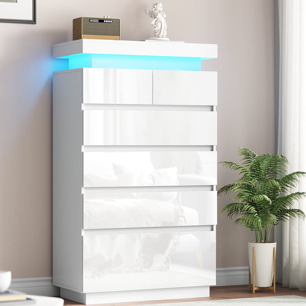 6 Drawers Dresser, Modern Tall Dresser for Closet with Adjustable LED Lights, High Gloss Chests of Drawers, Wood Storage Cabinet for Bedroom, Entryway, Living Room, Dressing Room, White