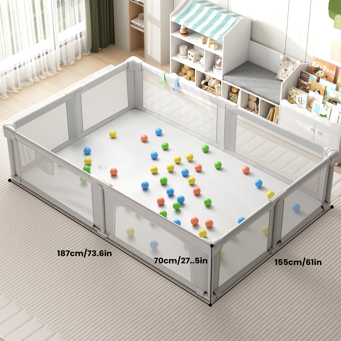 Baby Playpen, 70×61 In Play Yard, Foldable Large Playpens for Babies and Toddlers, with Mat and Carry Bag, Indoor & Outdoor Pack and Play, Oxford Fabric, Light Gray
