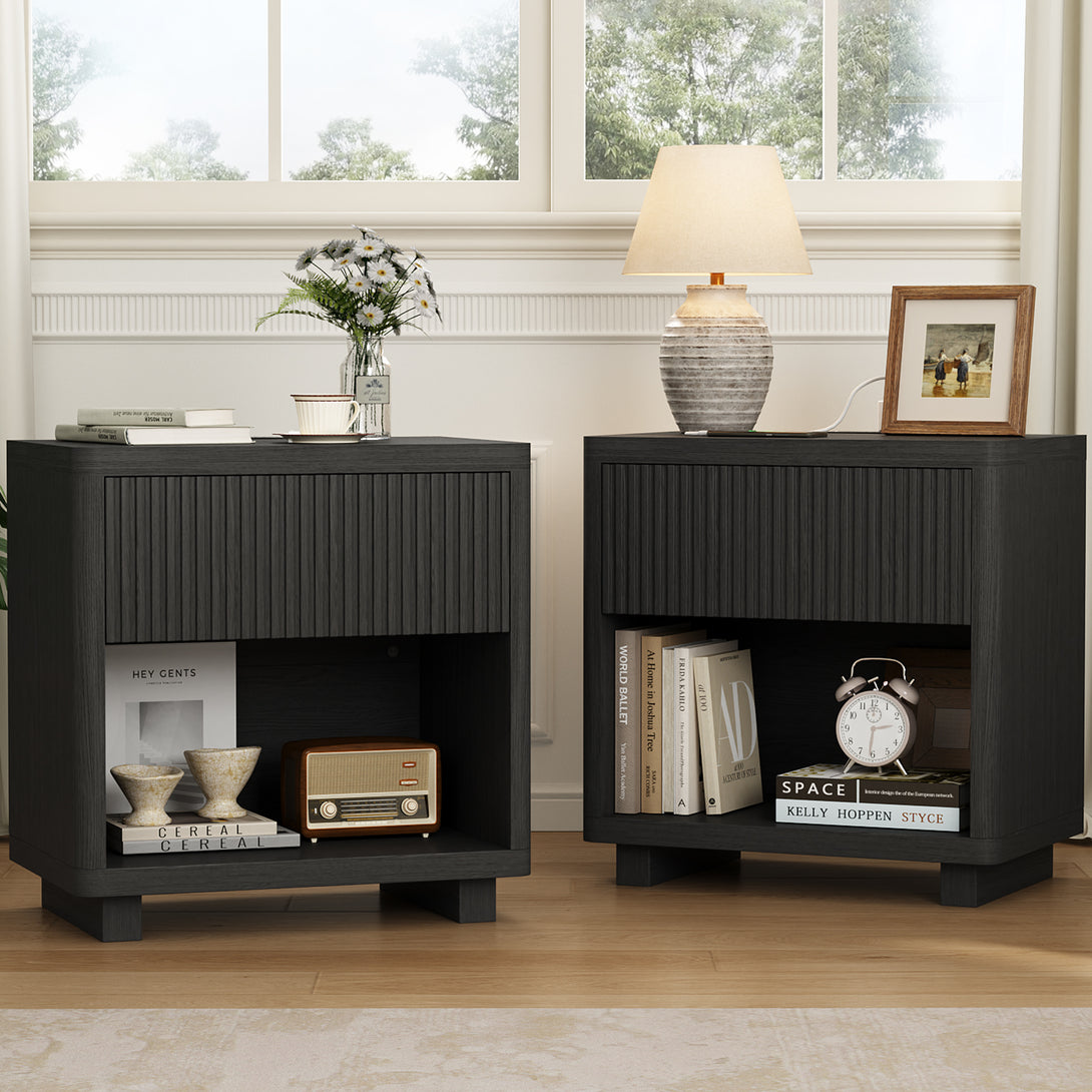 IDEALSOUL Nightstand, Fluted Bedside Table with Charging Station, End Table with open Storage, Large Wooden Night Stands Bedside for Bedroom Living Room