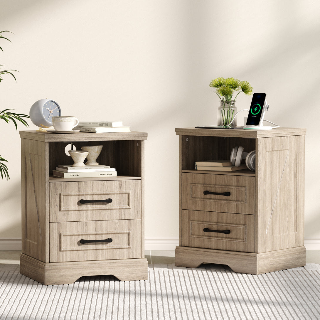 Nightstand with Charging Station, Farmhouse Nightstands with 2 Drawers Storage Side Table Bedside Cabinet for Bedroom Living Room