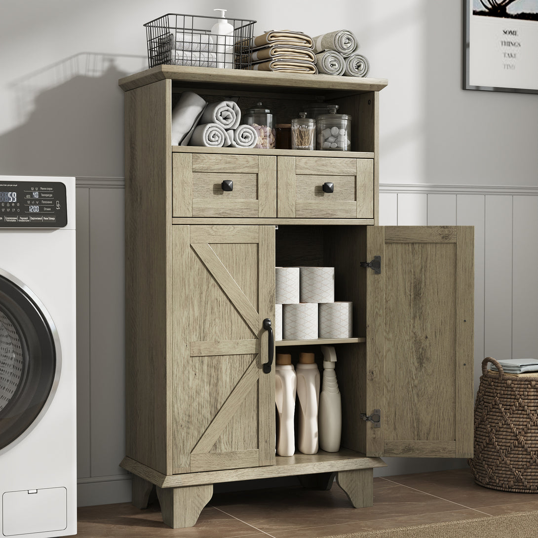 Bathroom Storage Cabinet with Doors and Drawers, Farmhouse Bathroom Floor Cabinet freestanding with Adjustable Shelf, 41.3"H Bathroom Organizer